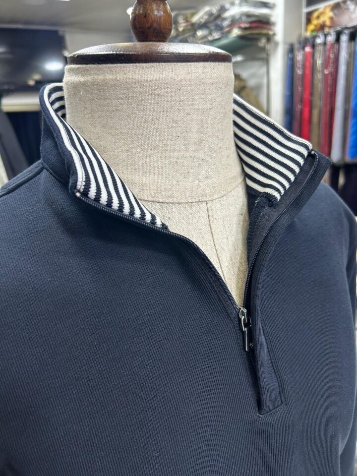 ERKEK LACİVERT GİZLİ YARIM FERMUAR PAMUKLU SWEATSHİRT