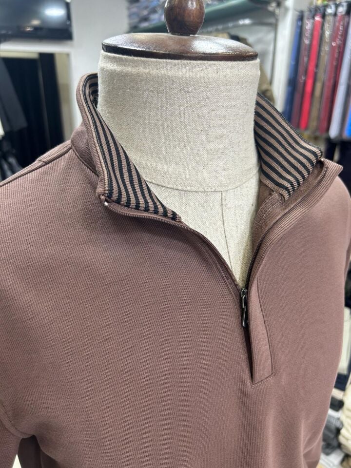 ERKEK VİZON GİZLİ YARIM FERMUARLI YAKA PAMUKLU SWEATSHİRT