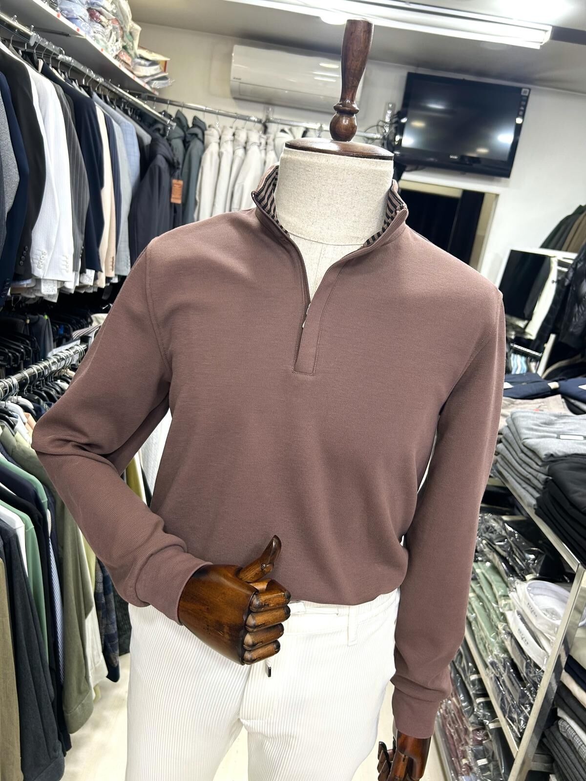 ERKEK VİZON GİZLİ YARIM FERMUARLI YAKA PAMUKLU SWEATSHİRT