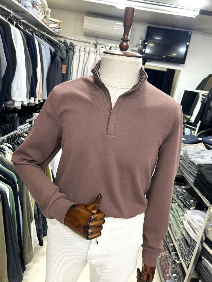 ERKEK VİZON GİZLİ YARIM FERMUARLI YAKA PAMUKLU SWEATSHİRT