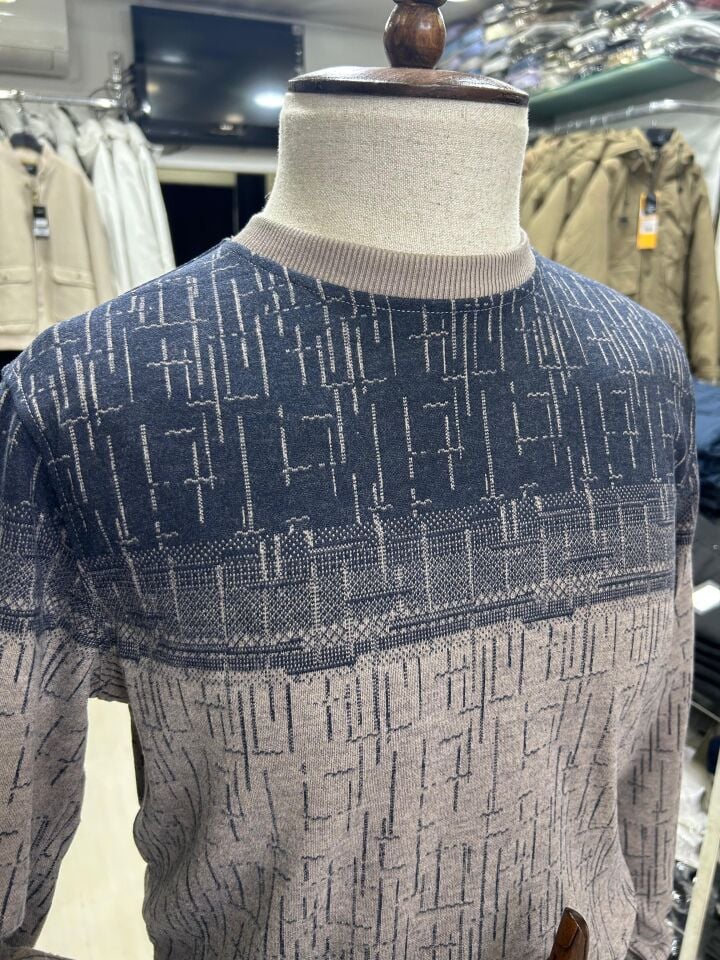 Erkek Desenli Selanik Kumaş Sweat – %50 Pamuk %50 Polyester Rahat Kalıp Kışlık Triko Görünümlü Sweatshirt