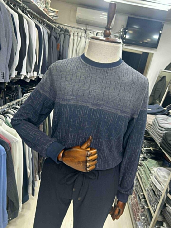 Erkek Desenli Selanik Kumaş Sweat – %50 Pamuk %50 Polyester Rahat Kalıp Kışlık Triko Görünümlü Sweatshirt